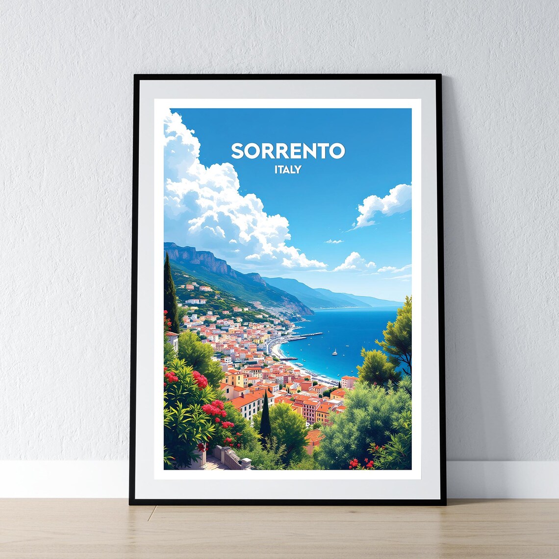 Sorrento Italy Blue Bay Sailboats Coastal Town Travel Poster