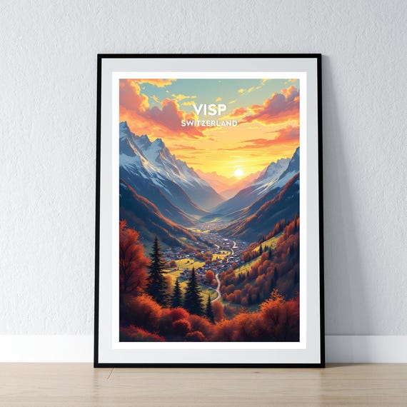 Visp Switzerland Poster Print Swiss Alps Wall Art Gift Travel Home Decor Illustration