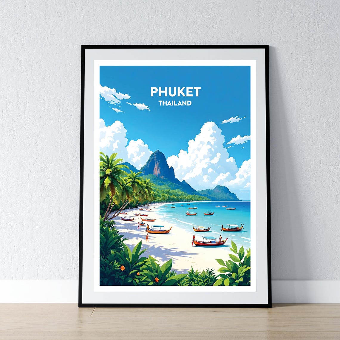 Phuket Thailand White Sand Beach Boats Limestone Peak Travel Poster