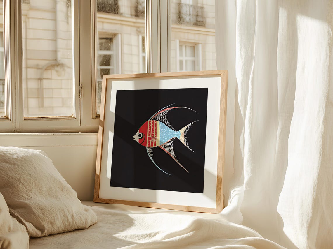 Vintage Tropical Fish Folk Art, Ocean Illustration