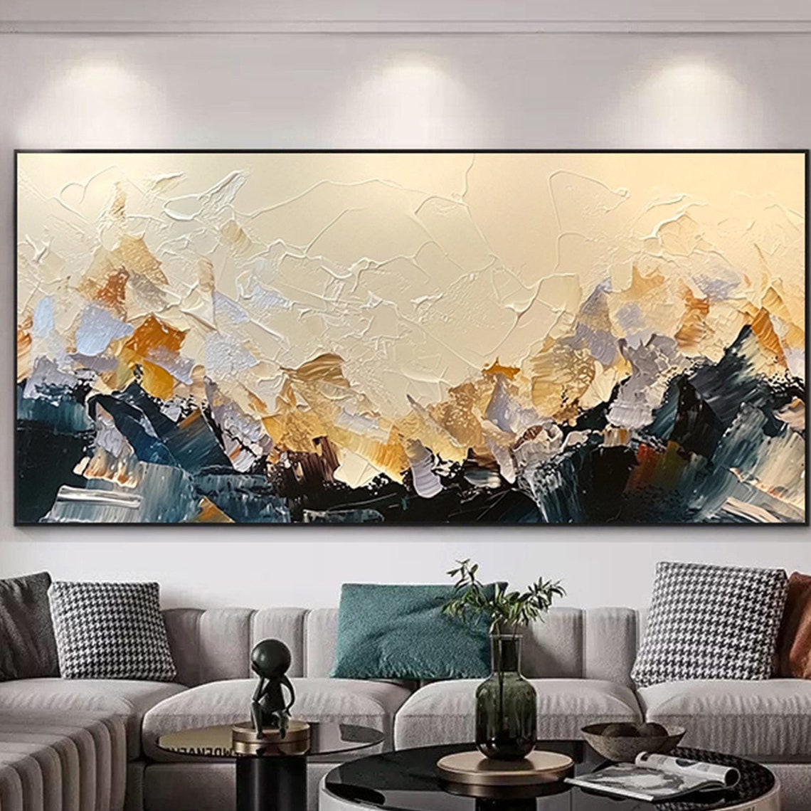 Navy Gold Mountain Abstract 3D Textured Panoramic Painting Wall Art