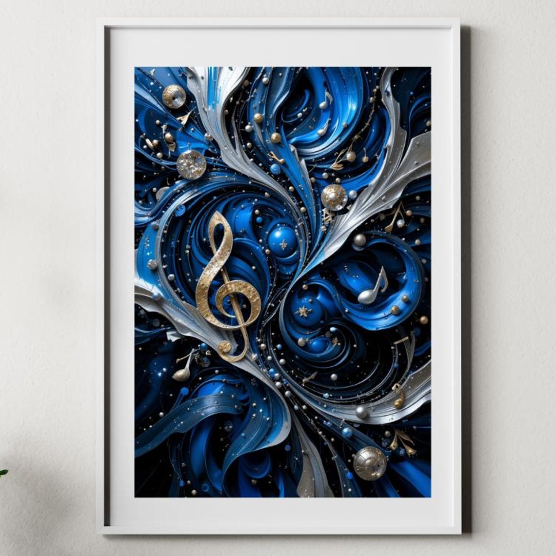 Deep Blue Silver Treble Clef Swirl Music Notes Abstract Poster