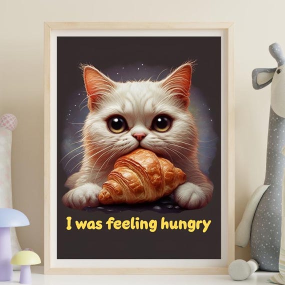 Cat Poster Funny Print Showing A Hungry Fat Image Great Gift For Animal Lover Or Cute White Eating