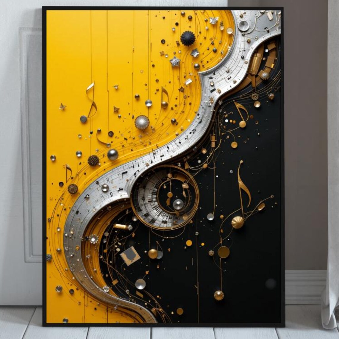 Bold Yellow Black Yin Yang Swirl Abstract Music Notes Art Poster