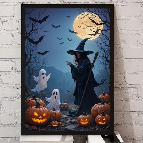 Dark Witch With Two Ghosts And Jack-O-Lanterns Under The Full Moon Poster