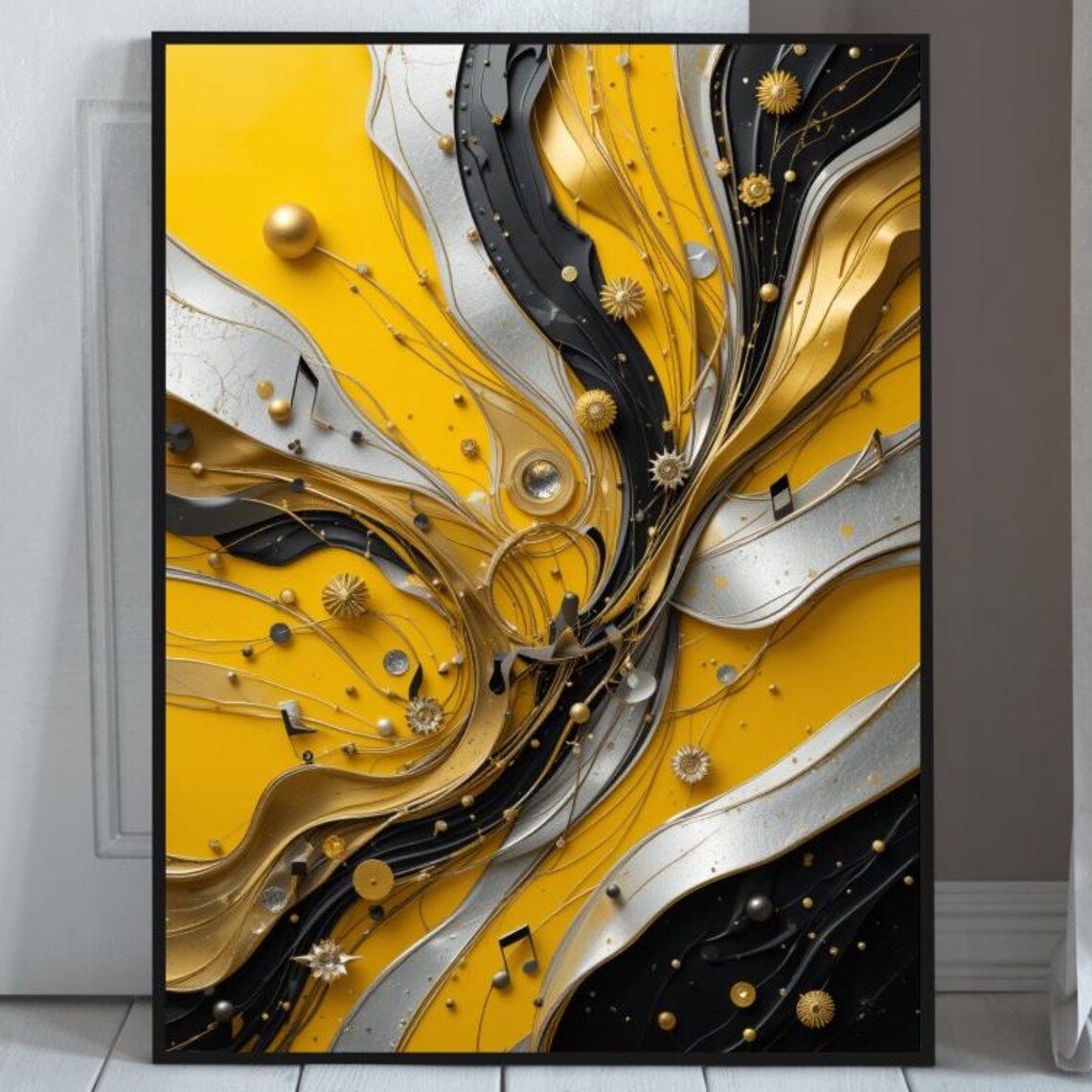 Golden Yellow Swirling Treble Clef Abstract Music Art Poster