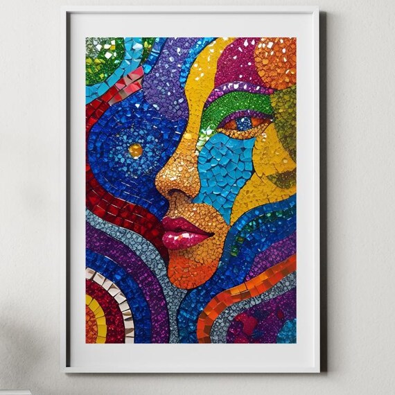 Modern Multicolour Mosaic Artwork Mid Century Wall Decor Abstract Colour Poster Colourful Picture Beautiful Woman Art Print