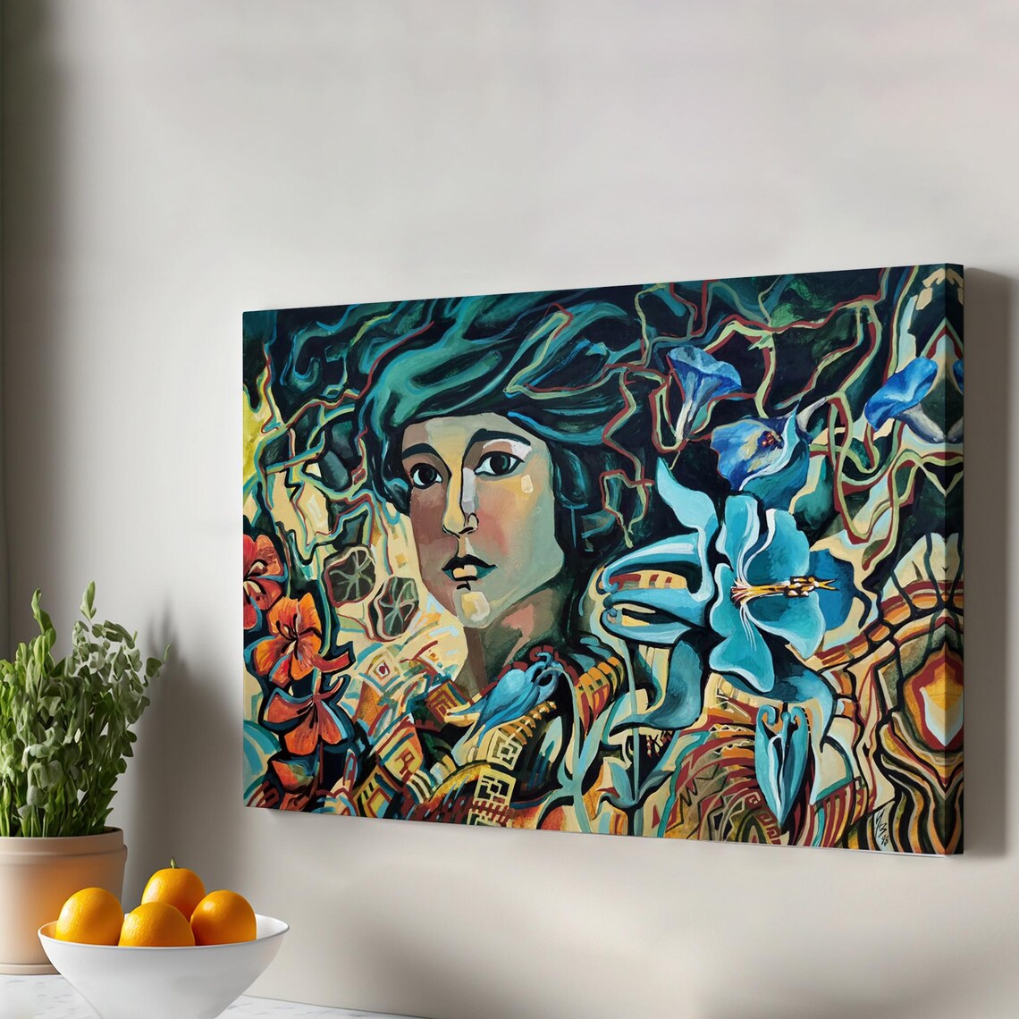 Woman Among Blue Flowers Vibrant Surreal Floral Canvas Wall Art
