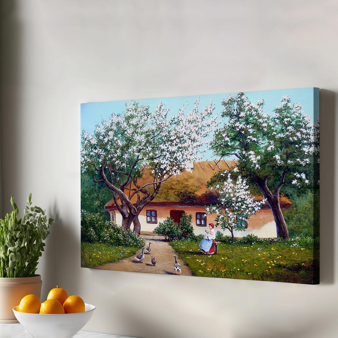 Spring Village House Oil Painting Style Canvas Wall Art Blossoms Geese