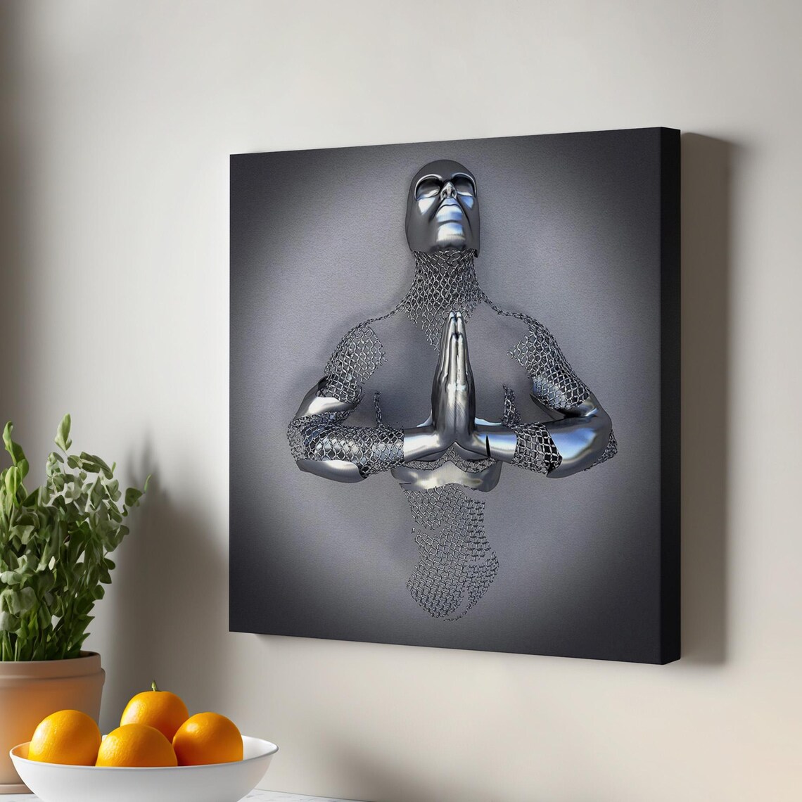 Metallic Silver Meditating Figure 3D Surreal Abstract Art Poster