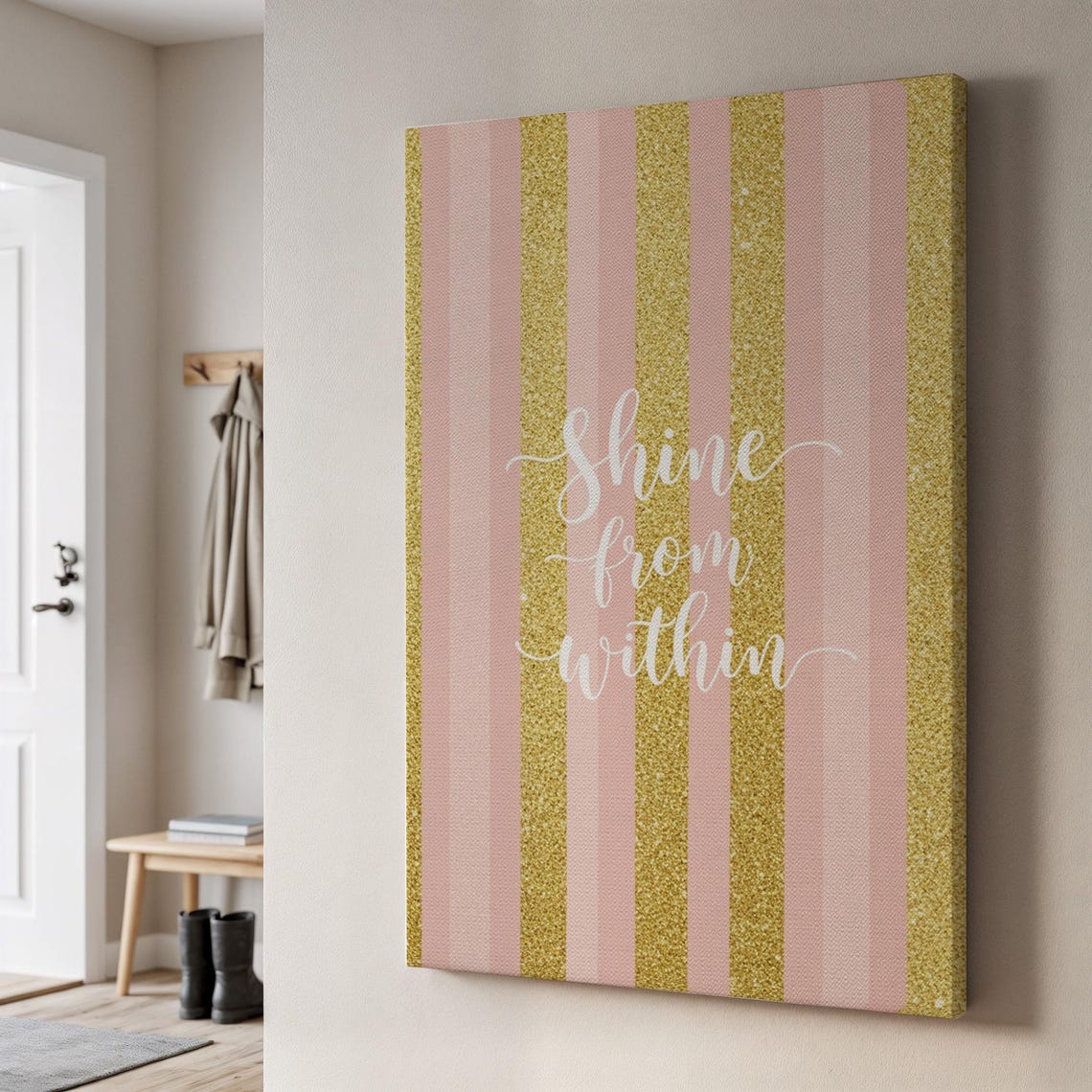 Shine From Within Pink Gold Glitter Stripes Quote Canvas Print