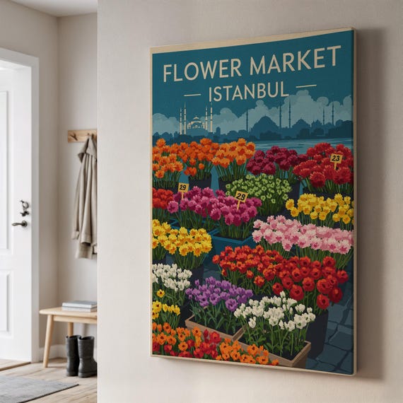 Istanbul Flower Market Canvas Art Vintage Travel Poster Print Colorful Floral Wall Decor Framed Wanderlust Artwork Unique Gift For Home