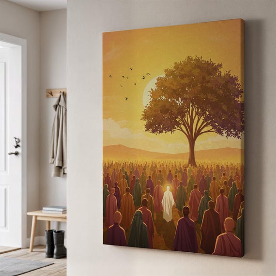 Prophet Sermon Canvas Art Islamic Crowd Under Tree Print Warm Sunset Muslim Wall Decor Spiritual Faith Gift Framed Religious Artwork