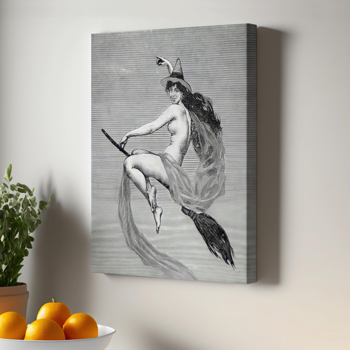 Witch On A Broom Gothic Art Naked Wall Painting Framed Canvas Halloween Modern Decor