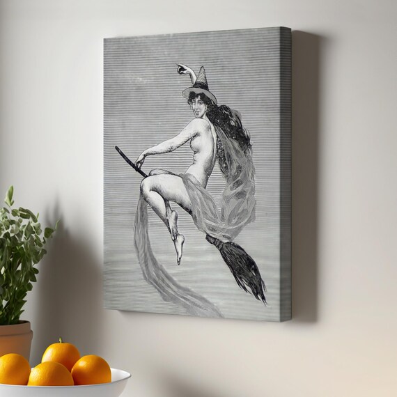 Witch On A Broom Gothic Art Naked Wall Painting Framed Canvas Halloween Modern Decor