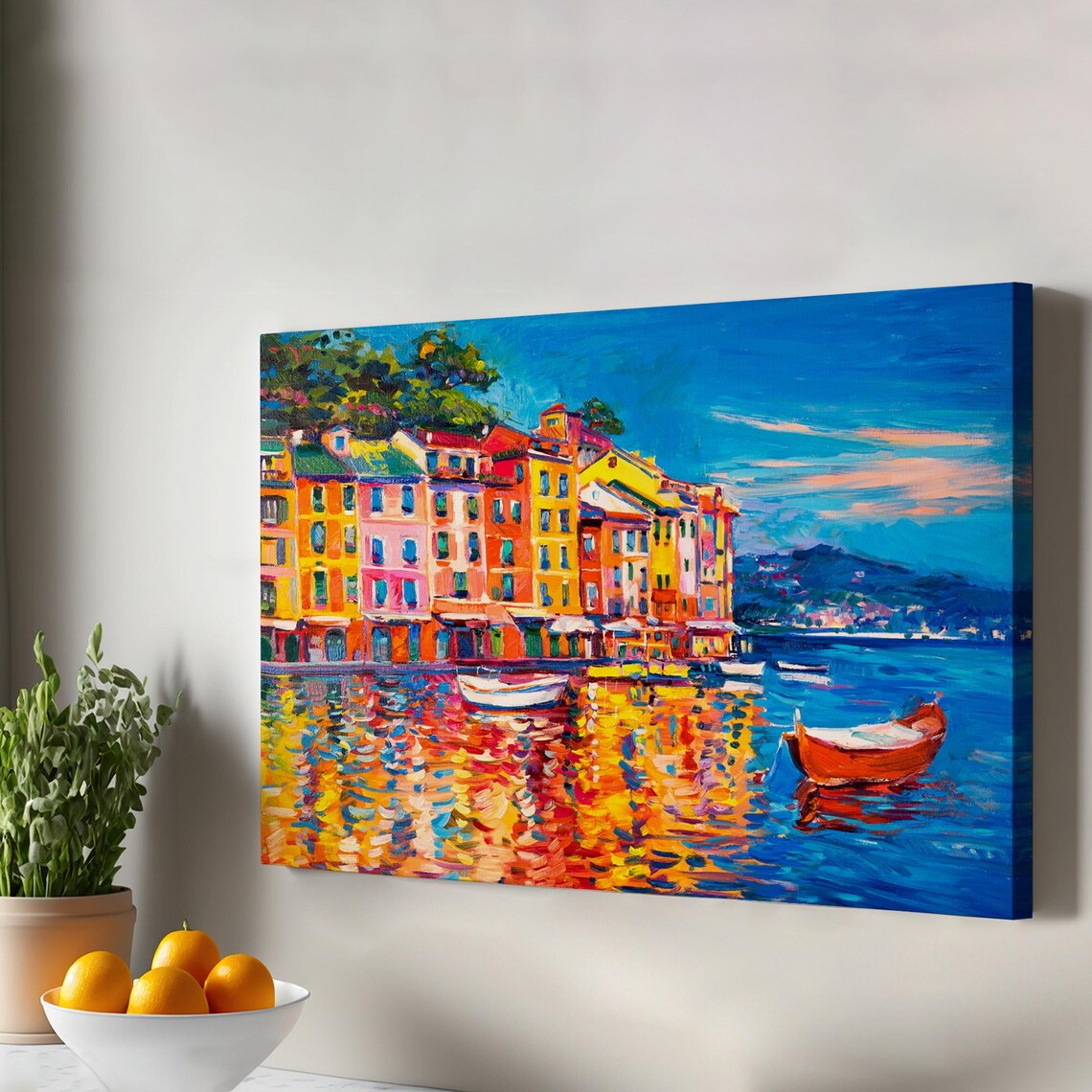 Colorful Coastal Village Boats Harbor Sunset Oil Painting Wall Art