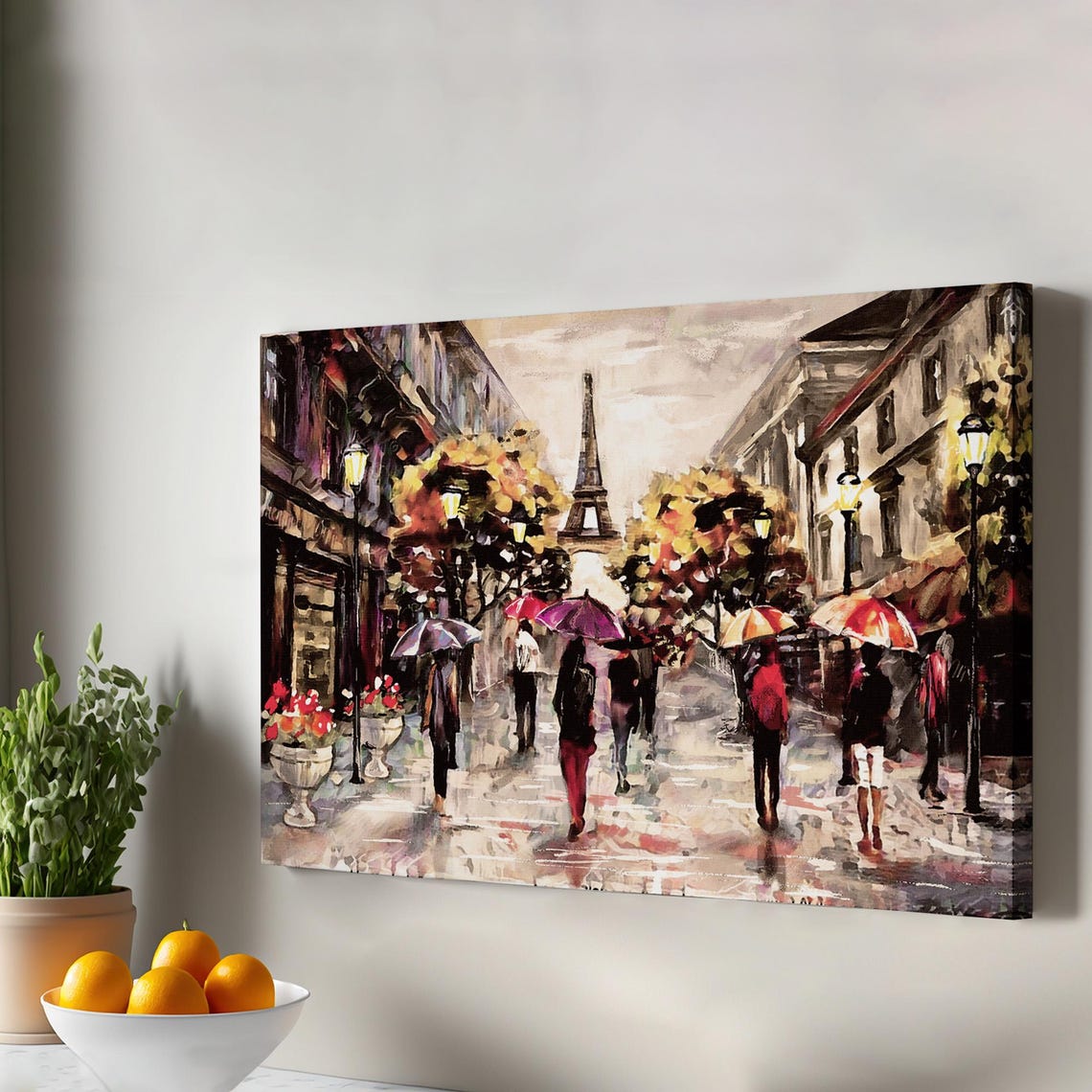 Rainy Paris Street Umbrellas Eiffel Tower Impressionist Poster