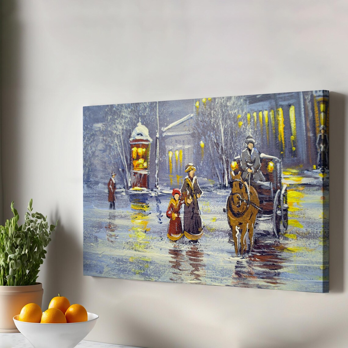 Rainy Night Old Street Horse Carriage Oil Painting Vintage City Poster