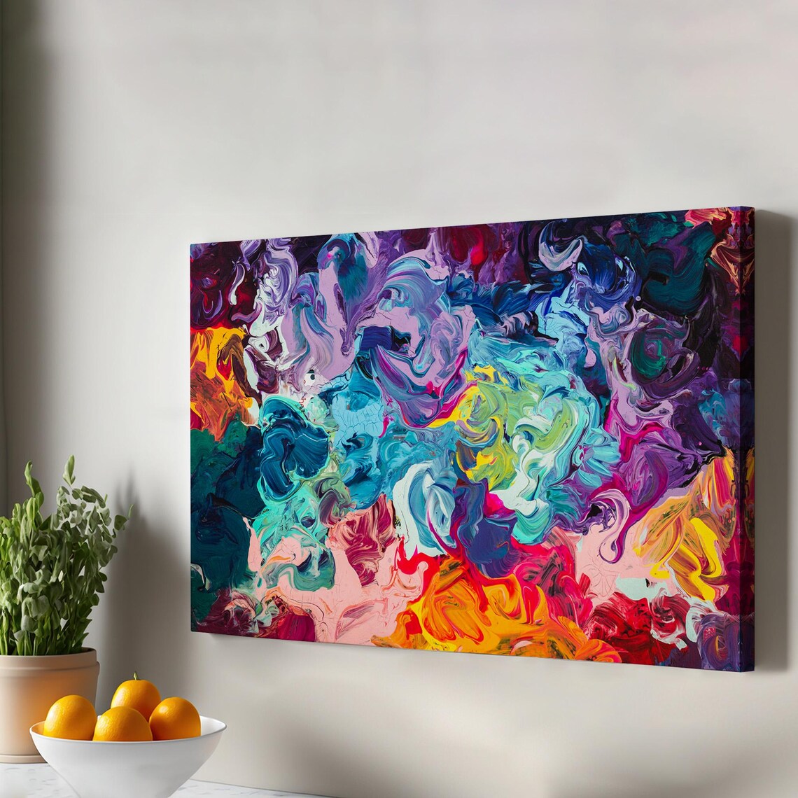 Vibrant Multicolor Abstract Swirl Textured Oil Painting Wall Art