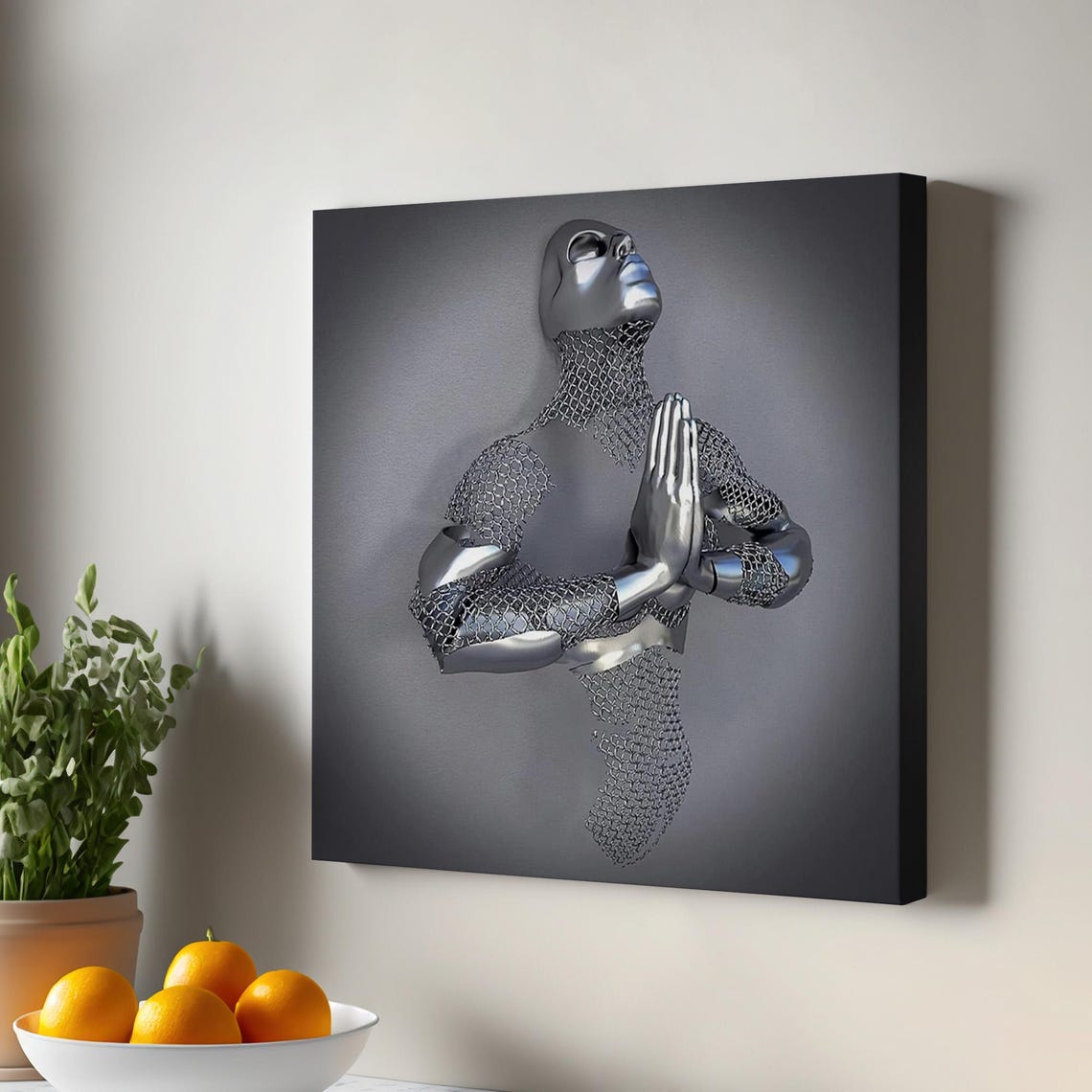 Metallic Silver Praying Figure Chainmail 3D Modern Canvas Print Art