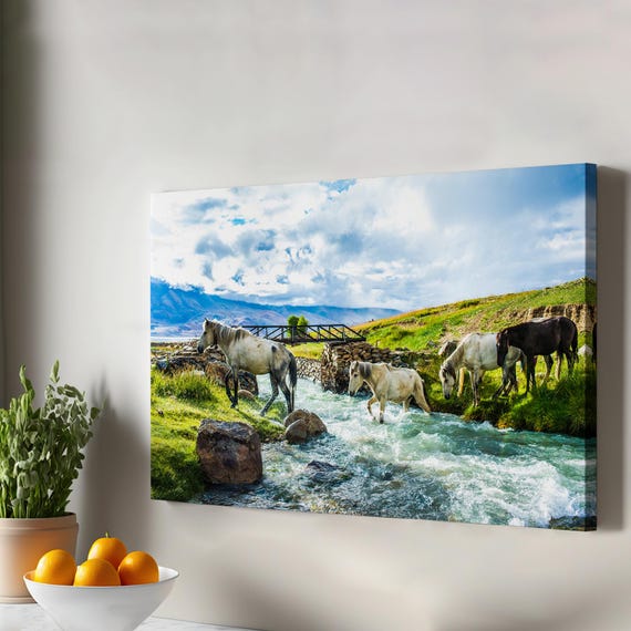 Horses Crossing The River Landscape Decorative Canvas Painting Nature Decor Print Wall