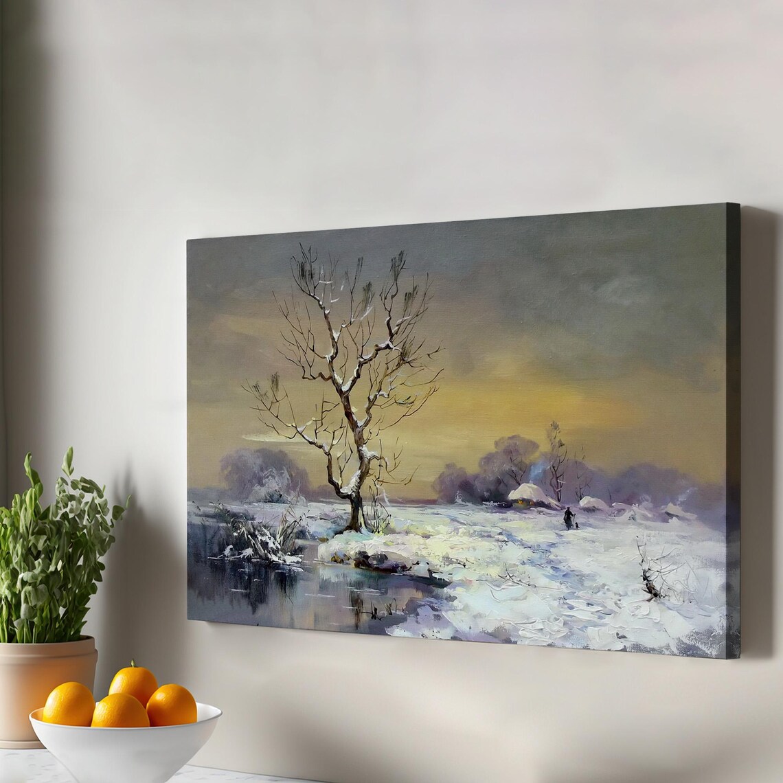 Snow Covered Village Winter Landscape Oil Painting Frozen Stream Poster
