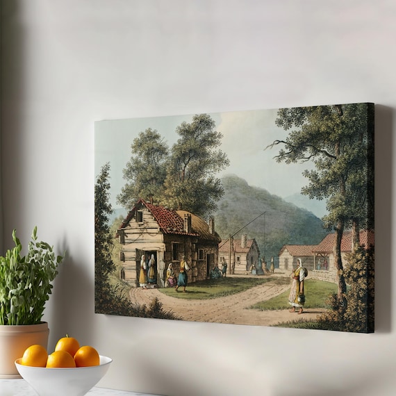 Ottoman Village Antique Engraving Style Cottages and Villagers Print