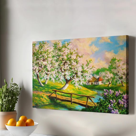 Spring Landscape With Stream Flowing Through The Village Wall Painting Nature Decor Canvas Print Art