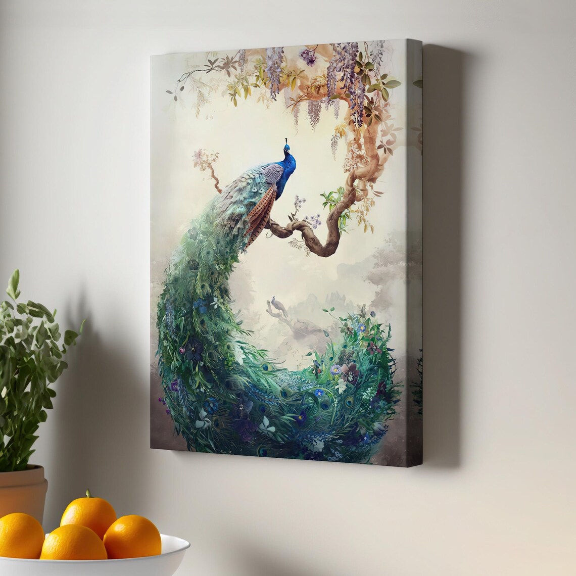 Peacock Perched Wisteria Branch Ethereal Floral Canvas Art Poster