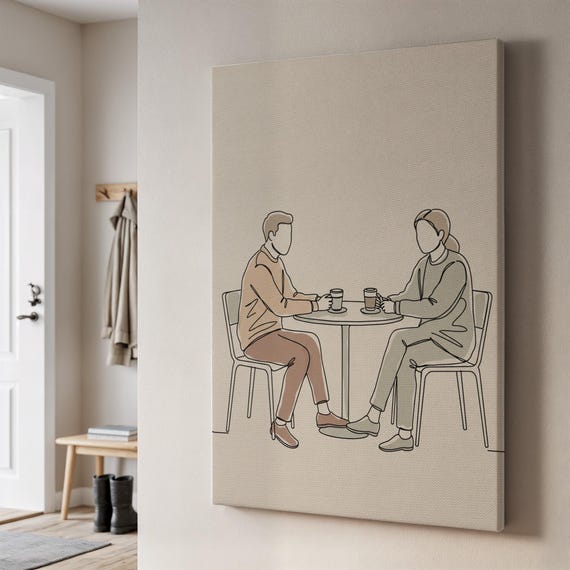 Minimal Line Art Couple Coffee Print Neutral Tones Canvas Wall Modern Cafe Date Scene Framed Gift For Partners Or Cozy Kitchen Decor