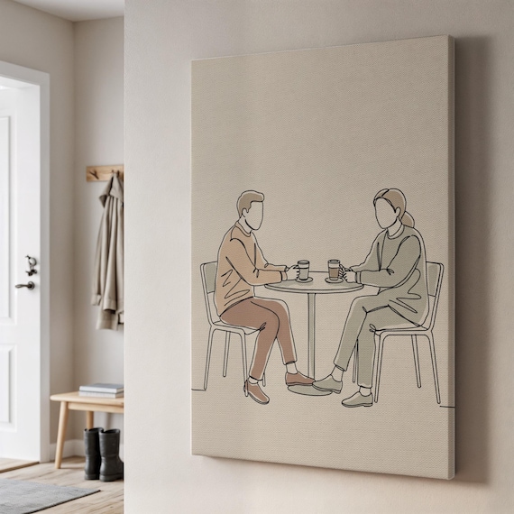 Minimal Line Art Couple Drinking Coffee Neutral Tones Art Poster