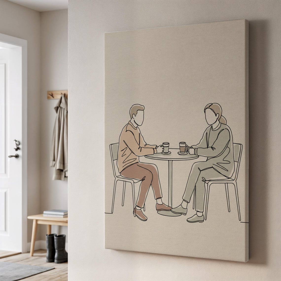 Minimal Line Art Couple Drinking Coffee Neutral Tones Art Poster