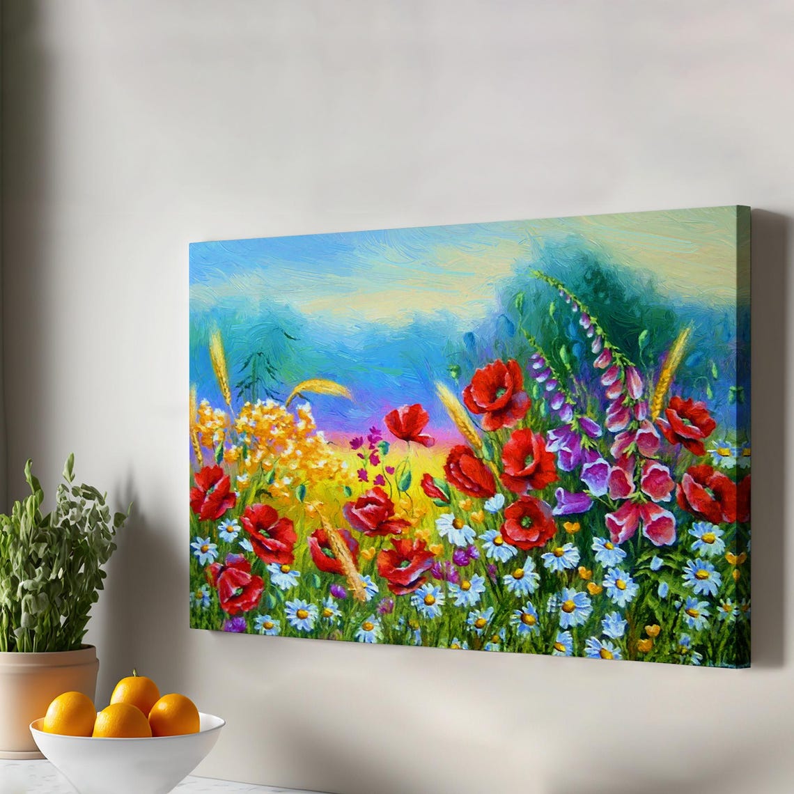 Colorful Wildflower Meadow Oil Painting Style Red Poppies Canvas Print