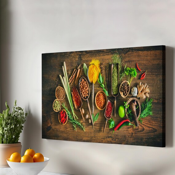 Colorful Kitchen Spices in Wooden Spoons Rustic Wooden Board Poster