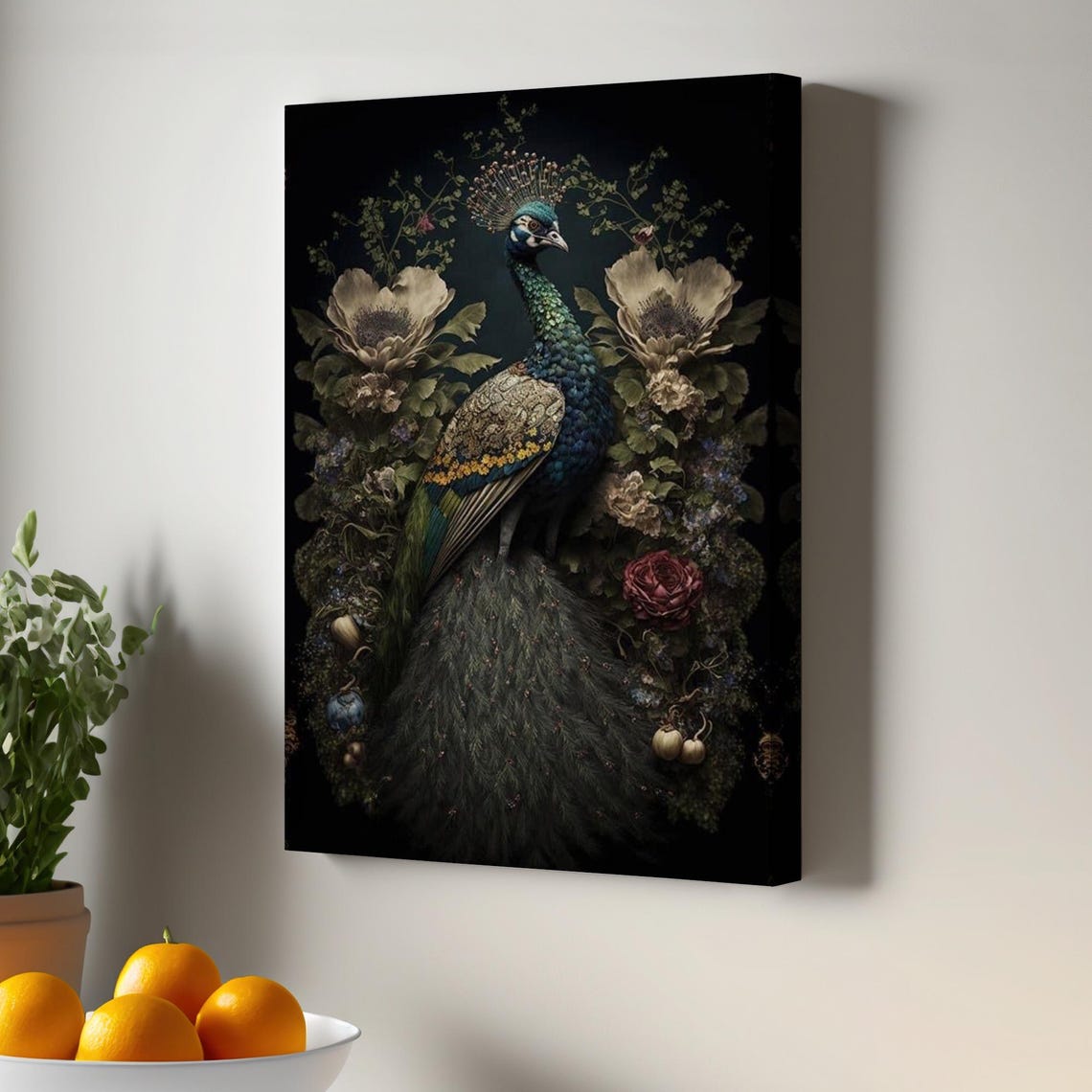 Peacock Among Flowers Dark Moody Botanical Statement Art Poster