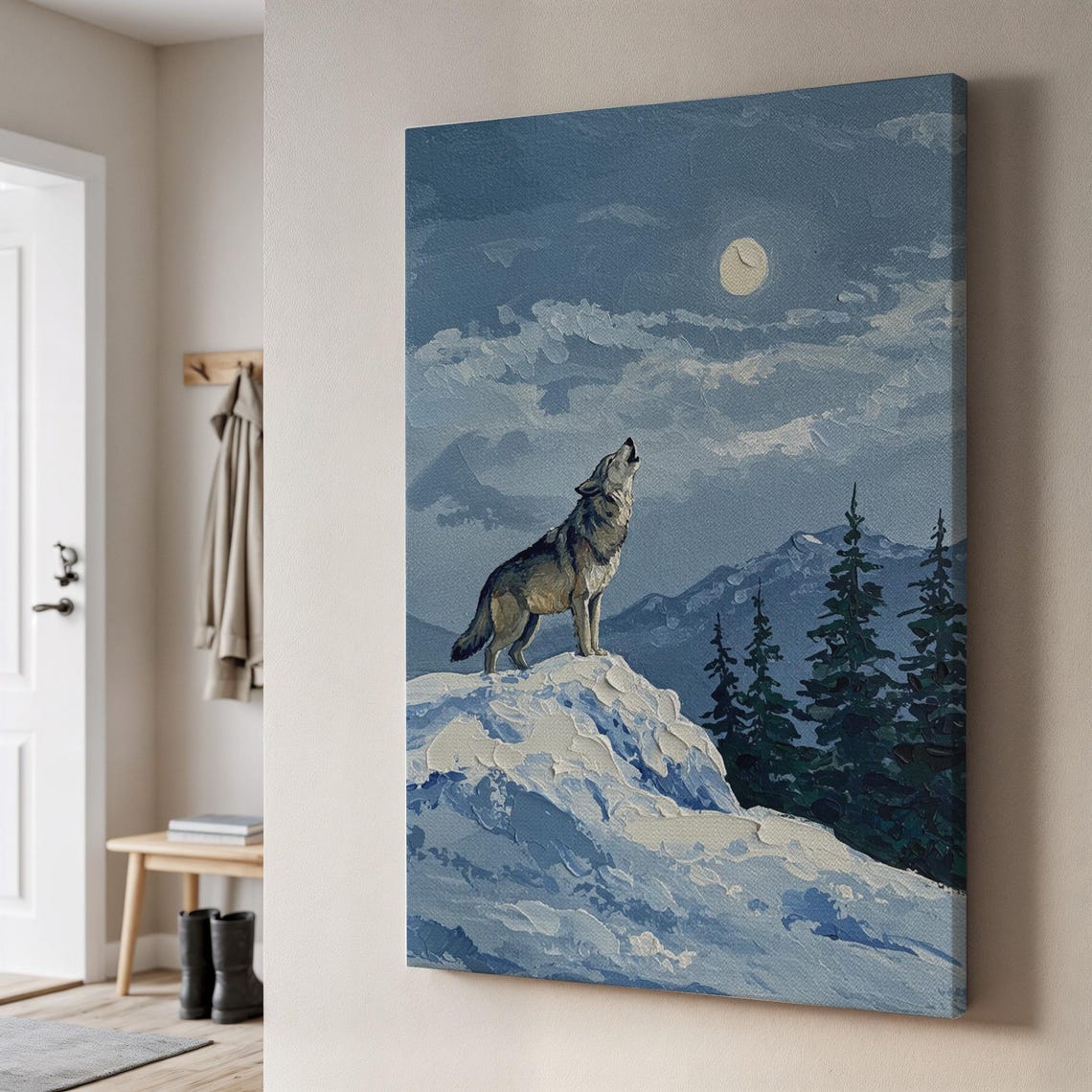 Howling Wolf Moonlit Snowy Mountain Impasto Wildlife Art Poster