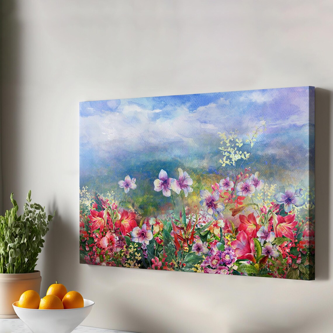 Wildflower Meadow Watercolor Painting Blue Sky Landscape Poster