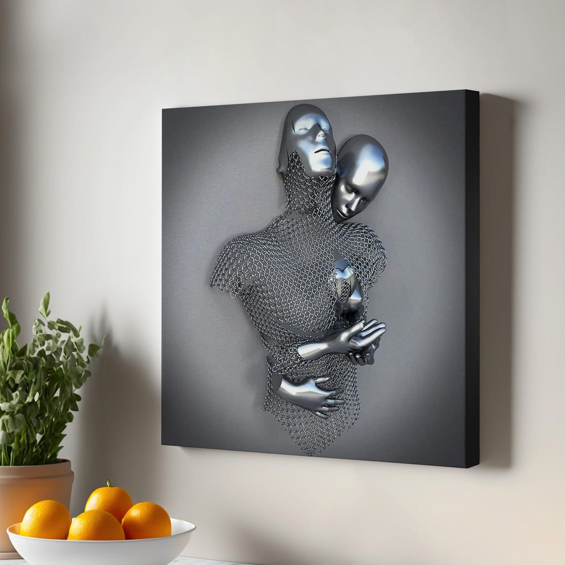 Metallic Silver Couple Embrace Chainmail Heart Romantic Wall Print