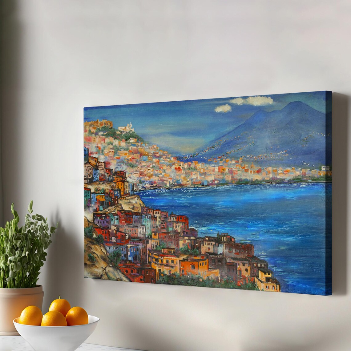 Naples Italy Coastal City Vesuvius Bay Colorful Oil Painting Poster