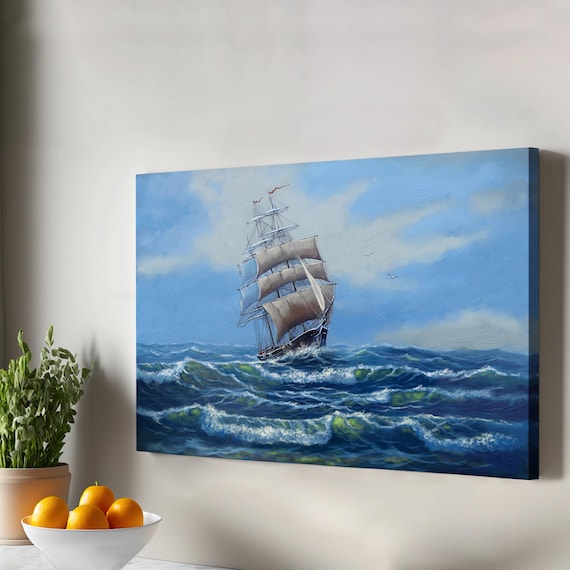 Tall Ship Sailing Stormy Ocean Waves Classic Maritime Oil Painting Poster