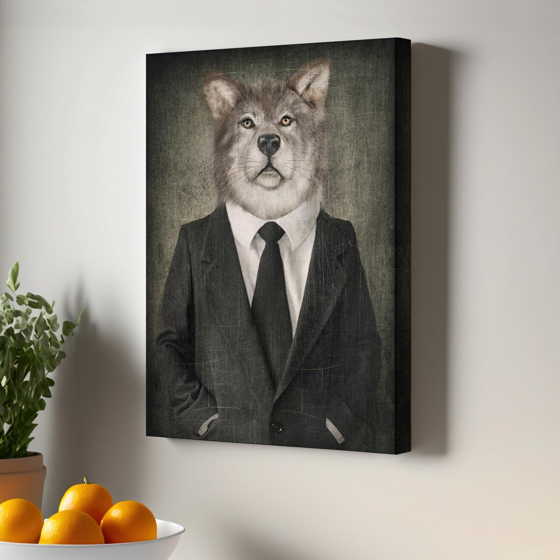 Distinguished Wolf in Suit and Tie Vintage Style Animal Portrait Poster