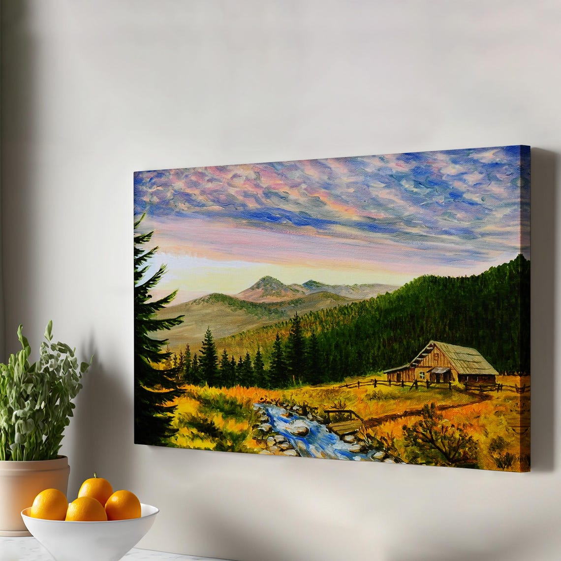 Rustic Mountain Cabin by Stream Pine Forest Oil Painting Wall Art