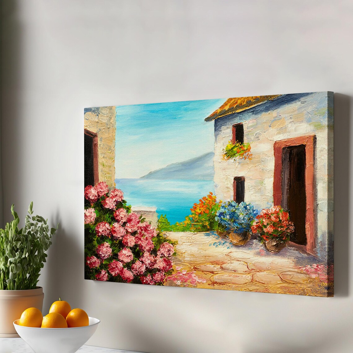 Seaside Stone Houses Among Flowers Mediterranean Coast Oil Canvas Print