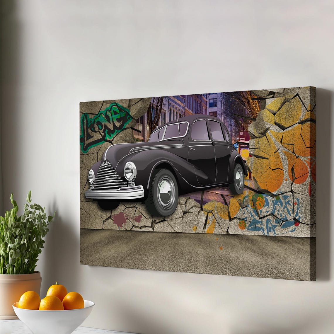 Classic Black Car Bursting Through Wall Graffiti Street Art Poster