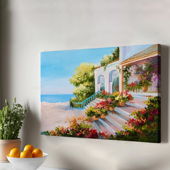 Sunny Mediterranean Sea Terrace Flowers Stairs Oil Painting Print