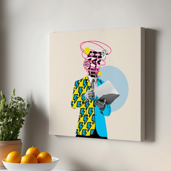 Pop Art Businessman Swirling Head Collage Humor Canvas Poster
