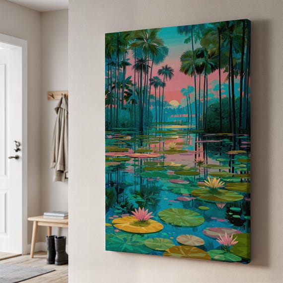 Tropical Water Lily Canvas Art Vibrant Sunset Reflection With Palm Trees Colorful Nature Wall Decor Calm Landscape Artwork For Home