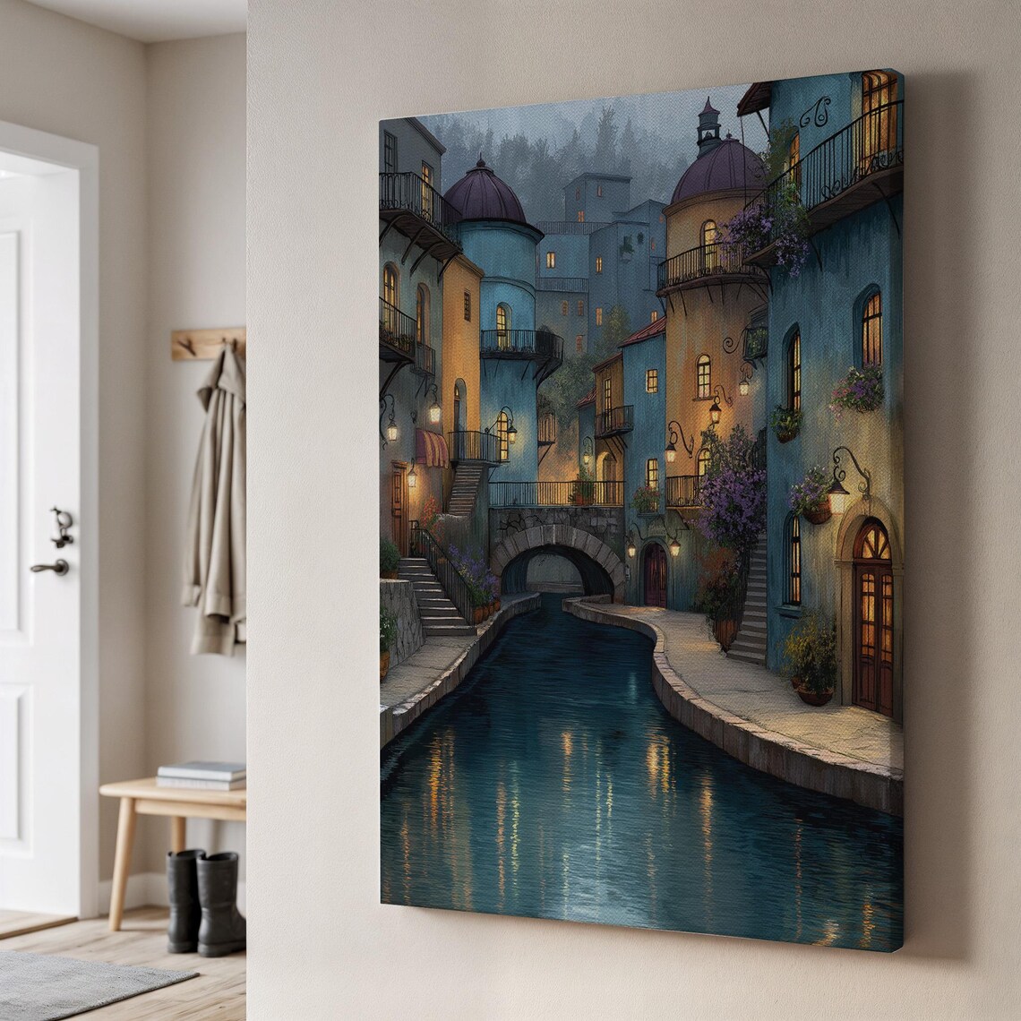 Canal Street Evening Lights, European Village Art Print