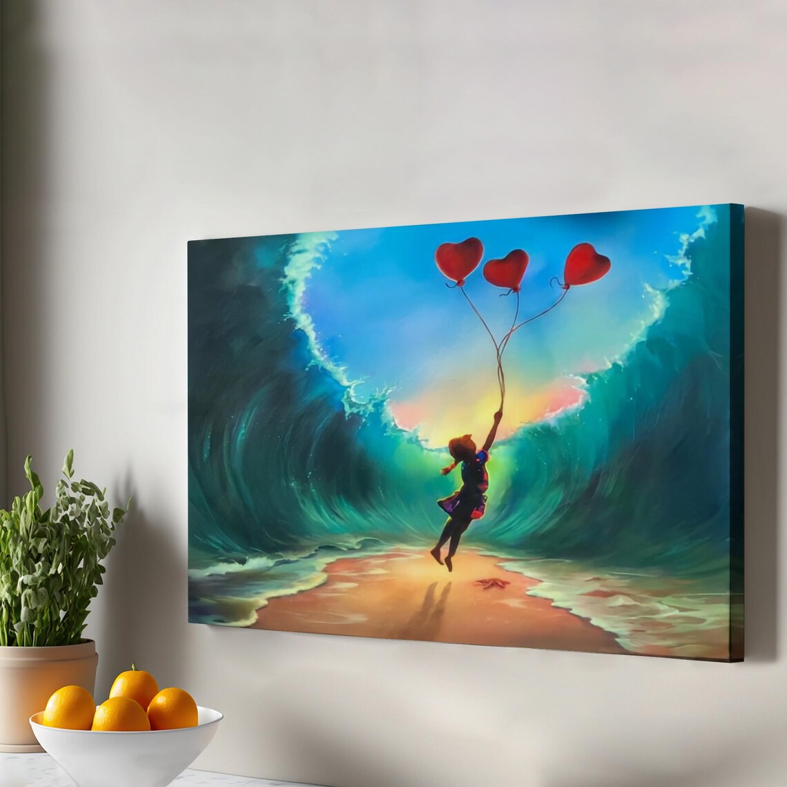 Little Girl With Red Heart Balloons Giant Ocean Waves Art Poster