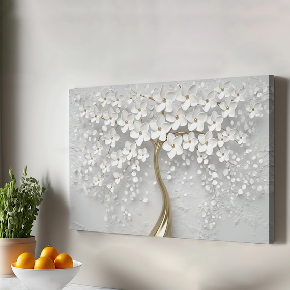 White Flowering Tree Golden Trunk 3D Relief Floral Canvas Wall Art